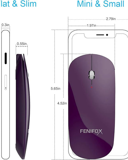 FENIFOX Bluetooth Mouse Slim, Whisper-Quiet Mini Flat Portable Mobile Mice Rechargeable Compatible with Laptop,PC,Android Windows Tablet - Deep Purple