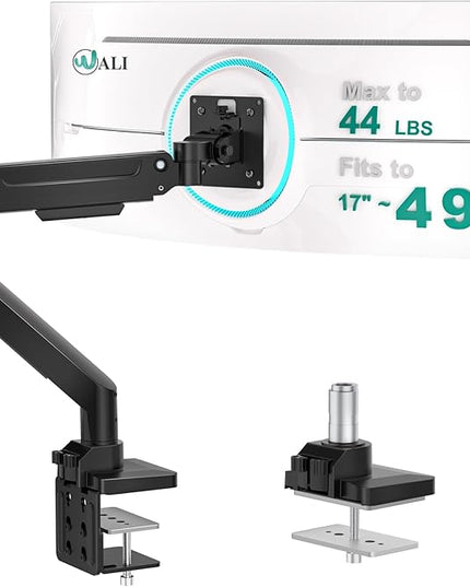 WALI Ultrawide Monitor Arm for 17-49 Inch Heavy Duty Curved Screens, Holds up to 44 Lbs, Adjustable Gas Spring Single Monitor Desk Mount with C-Clamp, Grommet Base, 75/100mm VESA, (GSM001XL), Black