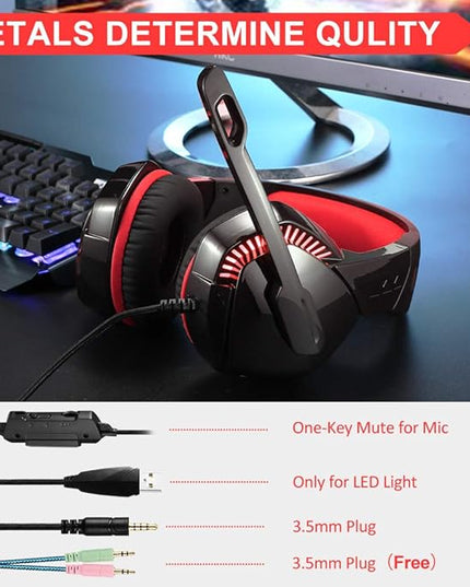 PHOINIKAS PS4 Gaming Headset with 7.1 Surround Sound, PC Headset with Noise Canceling Mic & LED Light, H3 Over Ear Headphones for Nintendo Switch, PS5, Xbox One, Laptop (Red)