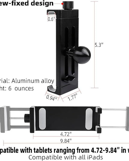 Aluminum Alloy Tablet Holder with 1" Ball Head-360 Rotatable Tablet Mount for iPad and Other Devices from 4.7"-12.9", Compatible with RAM Mounts and Other B Size Double Socket Arm