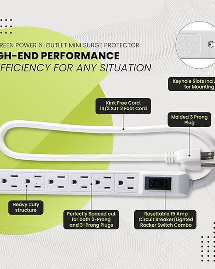 Go Green Power 6-Outlet Mini Surge Protector, 90 Joules, Circuit Breaker, Mountable, White – Ideal for Computers & Home Appliances