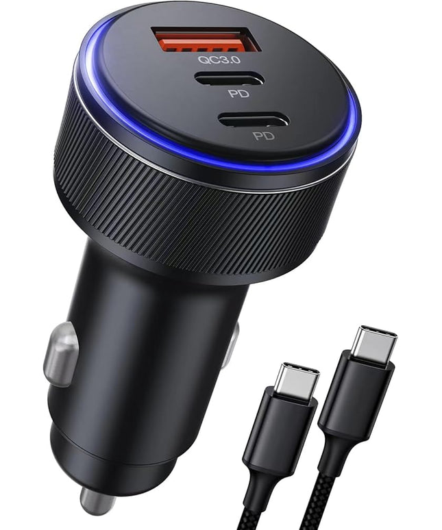 USB C Car Charger,90W 3-Port Dual USB-C & USB-A Car Power Adapter,Includes a Fast Charging Cable for iPhone 16/15/14/13/12/11/Pro Max, iPad, Samsung Galaxy, Google Pixel and Android Devices