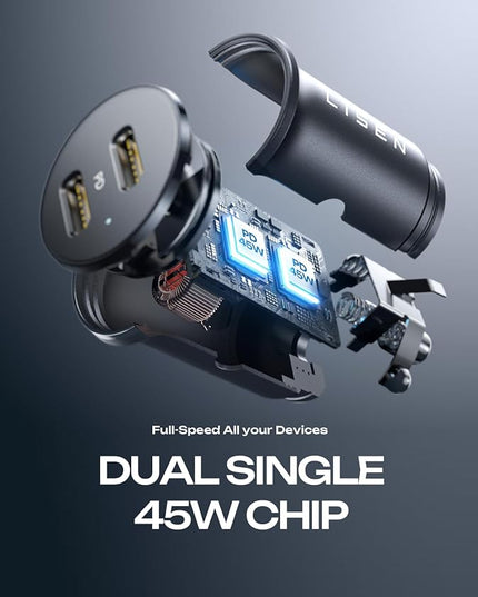 LISEN 90W USB C Car Charger for iPhone 17 Car Charger 45W Fast Charging, 2-Port PD 45W & QC 3.0 Cigarette Lighter USB Charger [All Metal&Mini] for iPhone 17 Air/16/15/14/13 Pro,Samsung Galaxy S26/S25