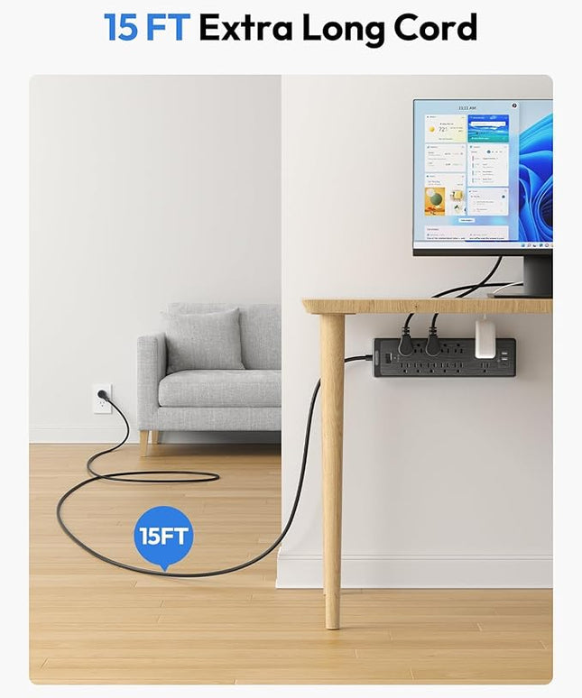 NTONPOWER 15 ft Extension Cord, Flat Plug Surge Protector Power Strip with USB, 12 Outlets Surge Protector Wall Mount, 2100 Joules, 1875W, 15A Circuit Breaker for Home Office Dorm Essentials, Black