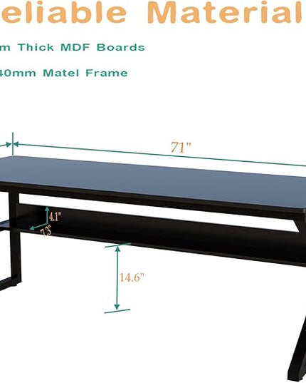 Extra Long Desk with Bookshelf - 71" Double Long Writing Table for 2-Person Workstation, Modern Study Work Computer Desk for Home and Office, Black