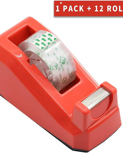 BOMEI PACK Cute Red Desk Tape Dispensers, 1 Pack with 12Rolls Transparent Tape, 1 Inch Core, for School, Office and Home DIY