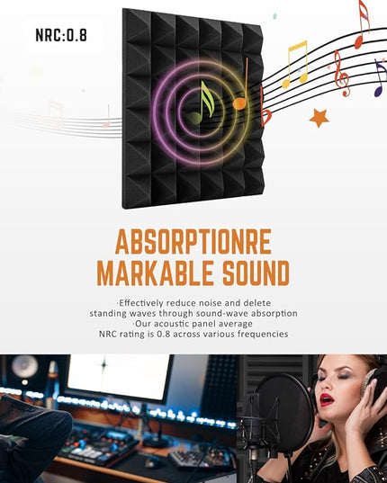 Acoustic Foams Panels 24 Pack 2" x 12"x 12" Sound Proof Foam Panels for Walls High Density and Fire Resistant Soundproofing Panels Soundproof Studio Pyramid Sound Dampening Panels Black Red