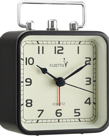 FLOITTUY Square Metal Beep Alarm Clock Silent No Ticking, Snooze and Battery Operated, Night Light and Desk Clock for Bedroom/Travel/Kids, Easy Set(Black)