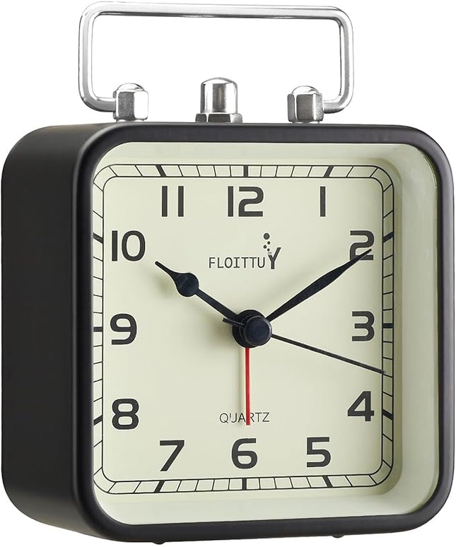 FLOITTUY Square Metal Beep Alarm Clock Silent No Ticking, Snooze and Battery Operated, Night Light and Desk Clock for Bedroom/Travel/Kids, Easy Set(Black)