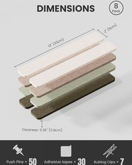 Fluxynara Cork Board Alternative Felt Strip Board 8-Pack 13"x2", Office Pin Board with 50 Push Pins, Adhesive Install for Bedroom Door & Home Office(Linen Dusk)