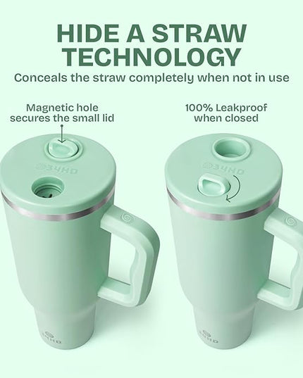 34HD 40 oz Stainless Steel Tumbler - Leakproof Insulated Water Bottle with Handle, Magnetic Lid and Flexible Straw - Iced for 48 Hours – Perfect for Men, Women, Birthday Gift, Green - Matcha Whisper