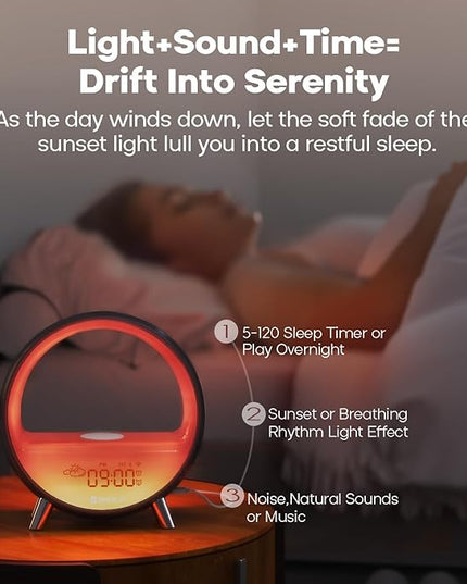 Dekala Arches Sunrise Alarm Clock Sunset White Noise Sound Machine Sleep Timer Loud Alarm Clock for Heavy Sleepers Natural Sound Wake-Up Light 15W Wireless Charging Customizable Snooze 5G WiFi App