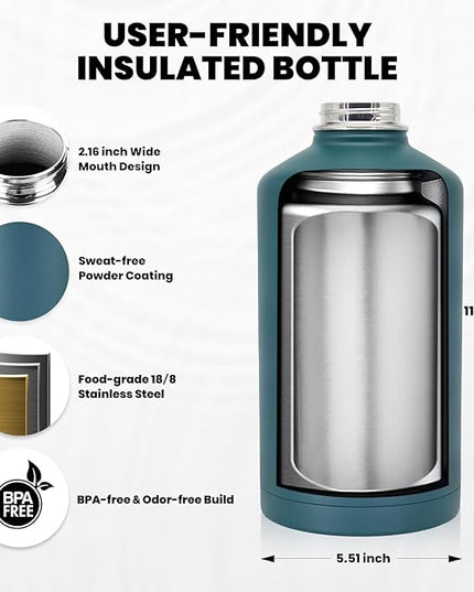 One Gallon Water Bottle Insulated, Triple Walled Vacuum Stainless Steel (Cold for 48 Hrs), Leak Proof & Non-BPA, Large Water Flask Jug with Paracord Handle & Straw Spout Lids
