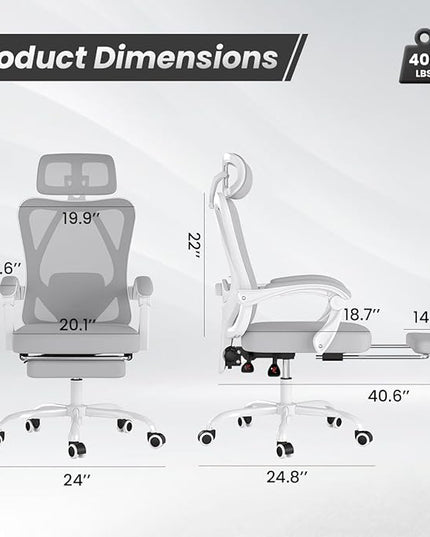 Ergonomic Office Chair, Grey Mesh and Nylon, High Back Computer Chair with Adjustable Headrest, Lumbar Support, Rocking Function, 350 lbs Capacity for Home Office