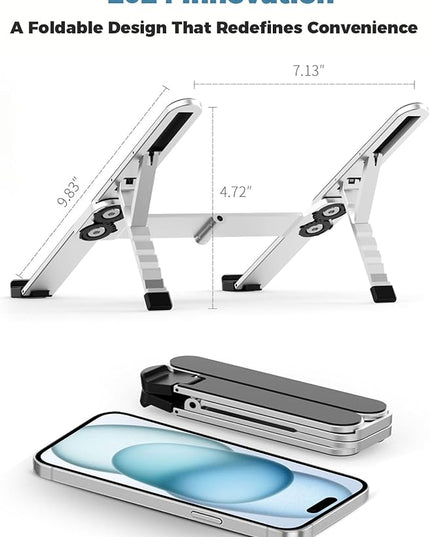 ZenRich Foldable Laptop Stand – Ergonomic Aluminum Riser with 6 Adjustable Heights, Compatible with MacBook, Dell, Asus, HP, Lenovo, Samsung, Razer, MSI (Up to 15.6''), Silver/Black