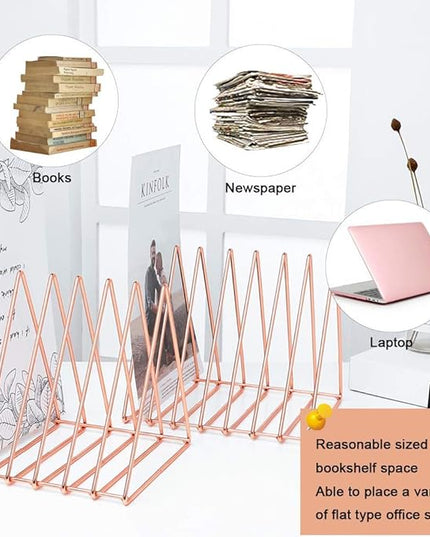 Urban Deco Triangle Desk Organizers Metal Wire Magazine Holder 7 Sections Decorative Vinyl Record Storage Office File Organizer For Desk - Rose Gold Magazine File Holder - 2 Pack