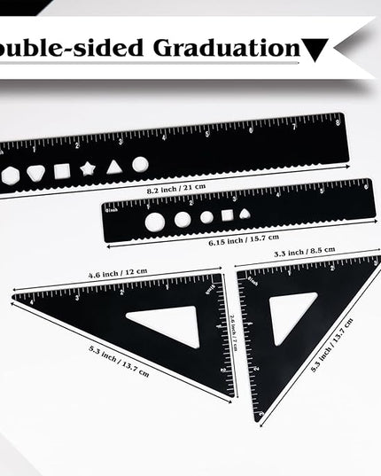 Zotemo 5 Pcs Metal Geometry Set, Math Drafting Ruler Kit- Aluminum Triangle Rulers, Protractor, 8 Inch and 6 Inch Drawing Ruler, Measuring Tool for School and Office (Metric and Imperial, Black)