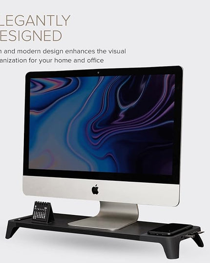 POUT E8 Wood Desk Monitor Computer Stand Riser Shelf + USB HUB + Qi Fast Wireless Charging Charger Pad Mat for Laptop, Apple, iMac, PC, iPhone, Samsung Galaxy, Airpod 2, Buds (Black)