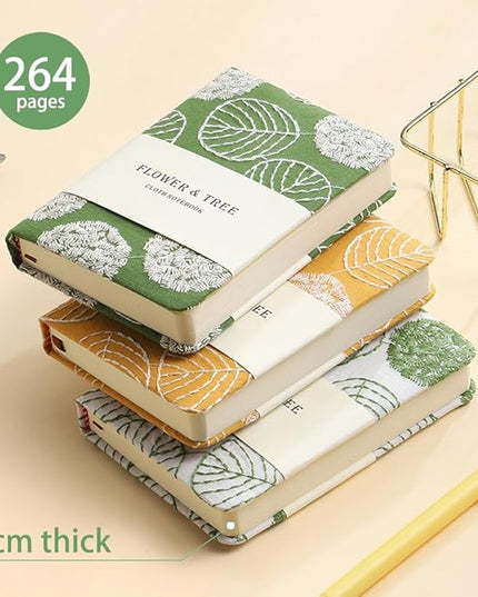 Embroidered Mini Notebook for Girl, Small Fabric Hardcover Journal, A6, 264 Pages, 4x6 Lined Notebook & unlined Sketchbook, Cute Diary, Pocket Notepad Kids Journal, Green Leaf.