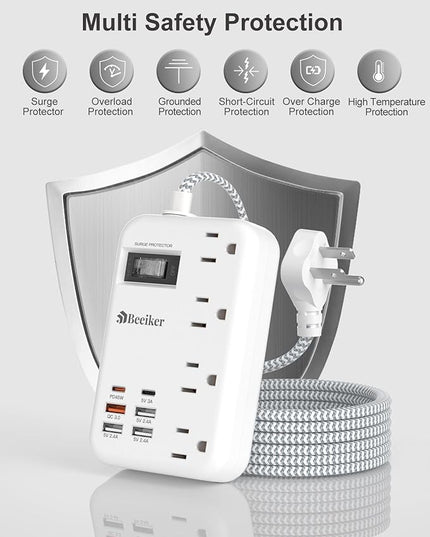 45W USB C Surge Protector Power Strip, Travel Power Strip with 6 USB(2 USB C) Ports and 4 Outlets,5Ft Flat Plug Braided Extension Cord, PD 45W Fast Charging for MacBook Laptops iPad Pro iPhone Samsung