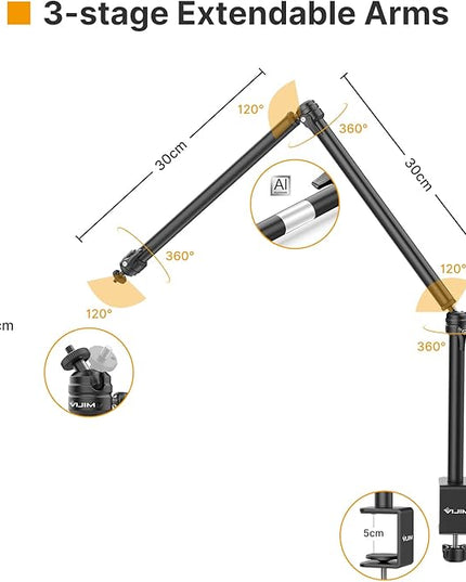 VIJIM LS08 Flexible Overhead Camera Mount Desk Stand, Webcam Stand Microphone Boom Arm Tabletop Photography Videography Live Stream Table clamp Mount