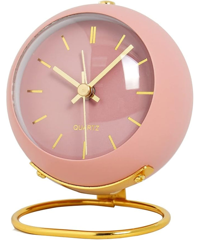 SHISEDECO Small Tableclocks Classic Non-Ticking Tabletop Alarm Clock with Night Light, Battery Operated Deskclock with HD Glass for Living Room Bedroom Bedside Indoor Decor (RN-Pink)