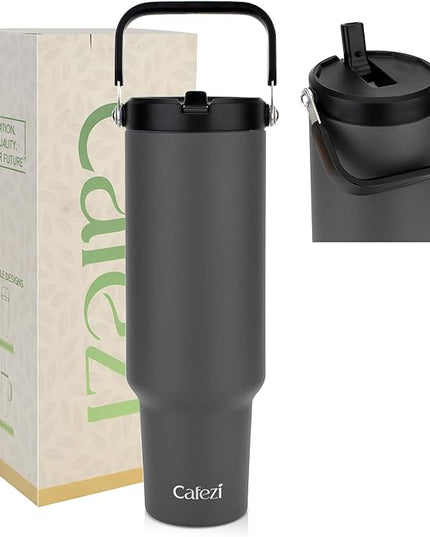 50 oz Tumbler with Handle and Straw, Stainless Steel Water Bottles with Flip Straw and Top Handle, Leak Proof, Fits in Cup Holder, Vacuum Insulated Water Bottle for Home, Office, Hiking, Car