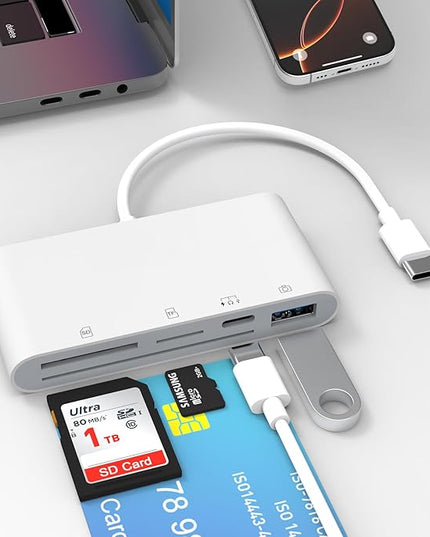 USB C SD Card Reader for iPhone, 5-in-1 Multi Memory Card Reader with SD+TF+Smart Card Slot+USB OTG+USB-C Port, DOD Military USBC Common Access CAC Smart ID Card Reader for iPhone 16/iPad/Mac/Laptop