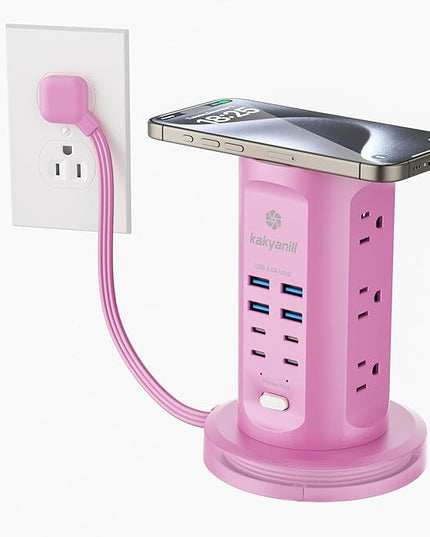 Power Strip Tower, kakyanill Surge Protector Tower 9 AC Outlets 8 USB (4 USB C), 6 Ft Retractable Extension Cord, Charging Station for Office Dorm Room, Purple