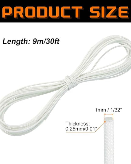 MECCANIXITY 30ft Braided Cable Sleeve, 1/32" ID 200C High Temperature 1500V Fiberglass Wire Insulation Cord Protector Organizer Wires Management for Motor Engine Fuel Line, White