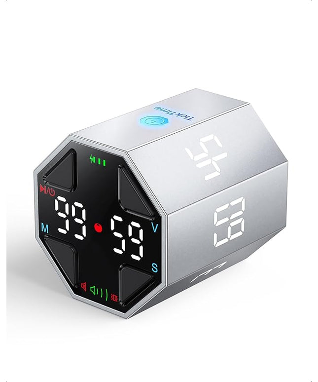 Pomodoro Timer Cube, Custom Pomodoro, Pause & Resume, Silent, Vibrate & Adjustable Sound Alert, for ADHD, Task, Work, Study, 3/5/10/15/30/45/60min & Custom Countdown,Silver