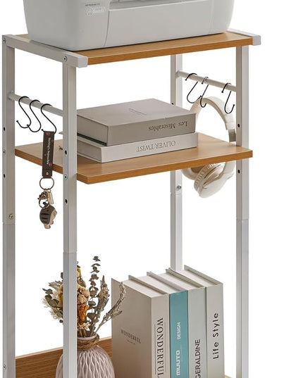 YMYNY Mobile Printer Stand, 3-Tier Printer Cart with Adjustable Storage Shelf and 6 S-Hooks, Tall Printer Table for Home Office, for Computer Tower Stand, Shredder, CPU Stand, Natural, UHPT002N