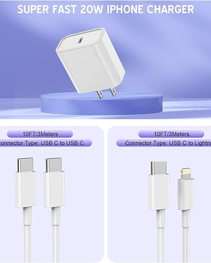 Extra Long 10FT iPhone Fast Charger,i Phone Charger Fast Charging【MFi Certified】2Pack 20W PD Fast USB C Charger Block + 10Foot i Phone Charging Cable Cord for iPhone 15/14/13/12/11/XS/XR/SE2022/8/iPad
