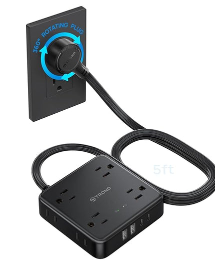 TROND 360° Rotating Flat Plug Power Strip, 5FT Flat Extension Cord with Multiple Outlets 4 USB (2 USB C), Wall Mount Surge Protector 1440 Joules for Home Office Travel Dorm Room Essentials, Black