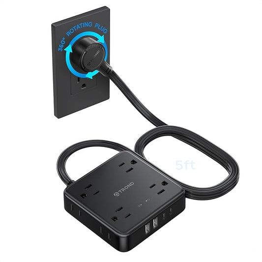 TROND 360° Rotating Flat Plug Power Strip, 5FT Flat Extension Cord with Multiple Outlets 4 USB (2 USB C), Wall Mount Surge Protector 1440 Joules for Home Office Travel Dorm Room Essentials, Black