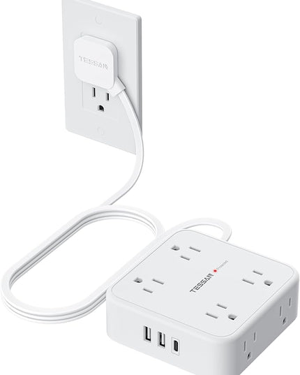TESSAN Flat Plug Extension Cord, 5 Ft Surge Protector Power Strip with 3 USB (1 USB C) 8 Outlets, 900J Surge Protection, 3 Sided Outlet Extender with Power Switch for Dorm Room Essentials, White