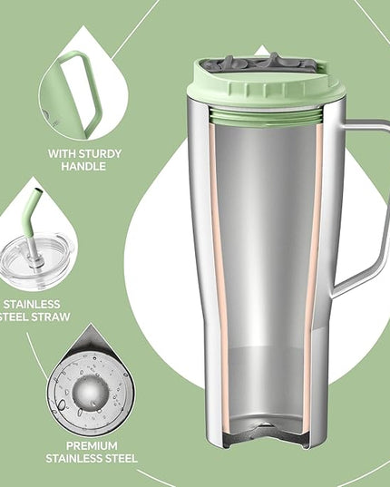 Ideus 32 oz Tumbler with Handle and Straw, Vacuum Insulated Stainless Steel Travel Mug, 100% Leakproof, Cup Holder Friendly, Avocado Green