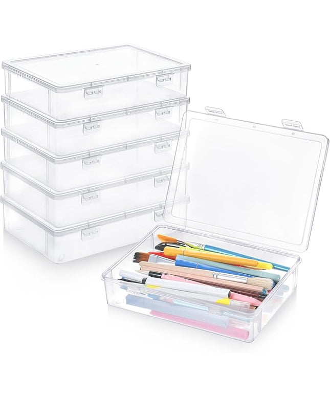 Oqqlin 6 Pcs Plastic Storage Boxes with Lids, 9 x 6.5 x 2 Inch Clear Rectangular Plastic Box Multipurpose Craft Organizers Small Storage Containers for Pencils, Beads, Craft Accessories, Small Items