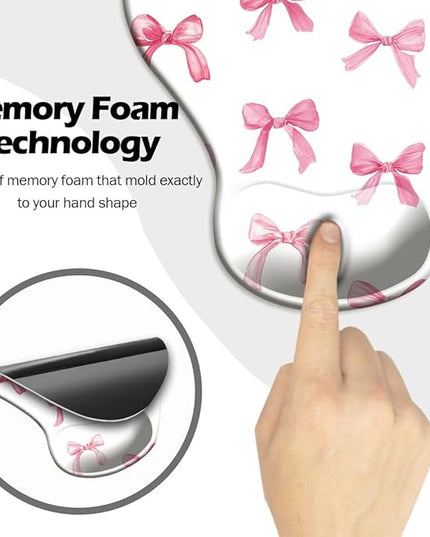 Ergonomic Mouse Pad with Wrist Support,Cute Mouse Pad with Wrist Rest and Coaster Set,Office Supplies Non-Slip Mouse Pads for Desk, Non-Slip Comfortable,Pink Bow