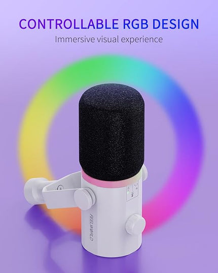 FEELWORLD PM1 XLR USB Dynamic Microphone Gifts for Podcast Recording PC Computer Gaming Live Streaming Vocal Voice-Over, Studio Metal Mic with RGB Light, Mute Button, Headphones Jack (White)