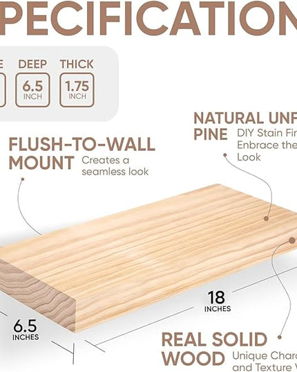 Homeforia 18 inch Wood Floating Shelves, High End Solid Natural Wood 18inch Floating Shelf for Wall Mounted, Unfinished Wooden 18in Floating Shelves, Heavy Duty Bracket, 18 X 6.5 X 1.75 inch, Set of 2