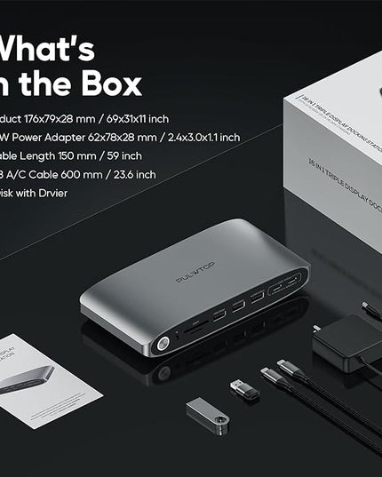 DisplayLink Docking Station Triple Monitor with 140W Power Adapter, PULWTOP 4K@60Hz Laptop Docking USB C Dock for MacBook M1/M2/M3, Windows, 3xHDMI, 2xDisplayPort,5xUSB C/USB A Data/Charging