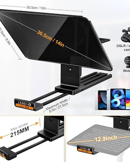 LENSGO 12.9'' Aluminum Teleprompter for iPad Tablet DSLR Cameras with Remote Control, App Compatible with iOS/Android,Professional Prompter for News/Broadcasting,Online Teaching,Live Streaming(TC12)