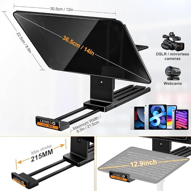 LENSGO 12.9'' Aluminum Teleprompter for iPad Tablet DSLR Cameras with Remote Control, App Compatible with iOS/Android,Professional Prompter for News/Broadcasting,Online Teaching,Live Streaming(TC12)