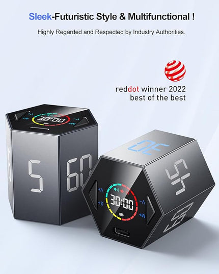 Pomodoro Timer Cube, Hexagon Productivity Timer, Pause & Resume, Silent, Vibrate & Adjustable Sound Alert, for ADHD, Task, Work, Study, 5/15/25/30/45/60min & Custom Countdown,Gray