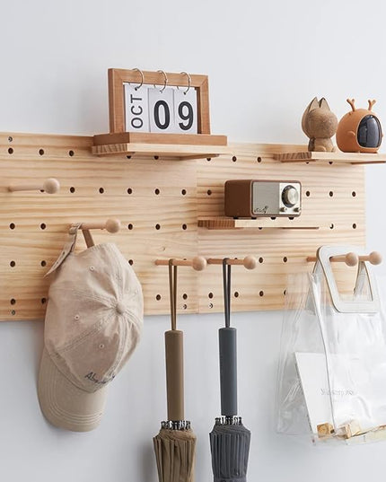 Wood Pegboard Combination Wall Organizer Kit, Wooden Display Pegboard Panel Kits for Bedroom, Study, Office, Bathroom, 2 Pieces Pegboards and 15 Accessories