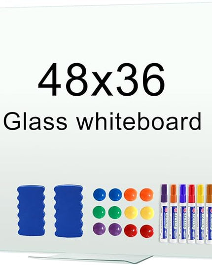 H-Qprobd Dry Erase White Board 48"x36" Glass Magnetic Whiteboard for Wall, Includes 12 Magnets, 8 Markers and 2 Erasers