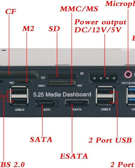 TCC-QL5E 5.25 Inch PC Multifunction Dashboard Media Front Panel, with SATA e-SATA Dual USB 3.0 6 Port USB 2.0 Audio Ports and Five-in-one Card Reader