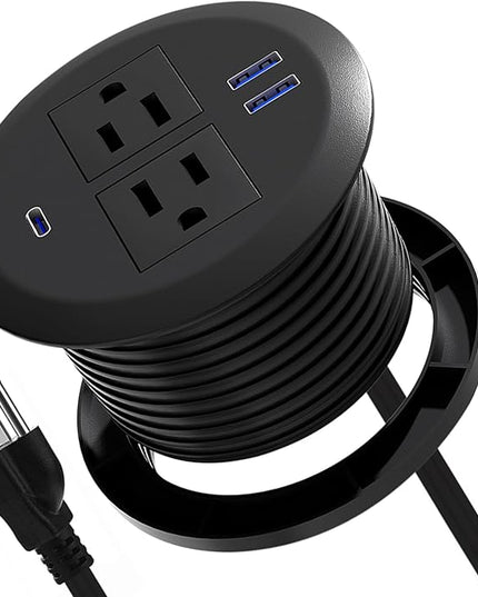Desktop Power Grommet,PD20W Fast Charging USB-C.3 inch Flush-Mount Desk Outlet,Round Recessed Power Strip,3 USB Ports,2 AC Outlets,ETL Listed,6.5-FT Cable,Black
