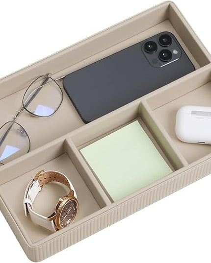 NICLNGSH PU Leather Valet Tray, Decorative Trinket Vanity Desk Drawer Organizer Tray, Perfume Dish Catch All Bowl for Keys, Nightstand Drawer Organizer Women Men with 4 Compartments (Beige)